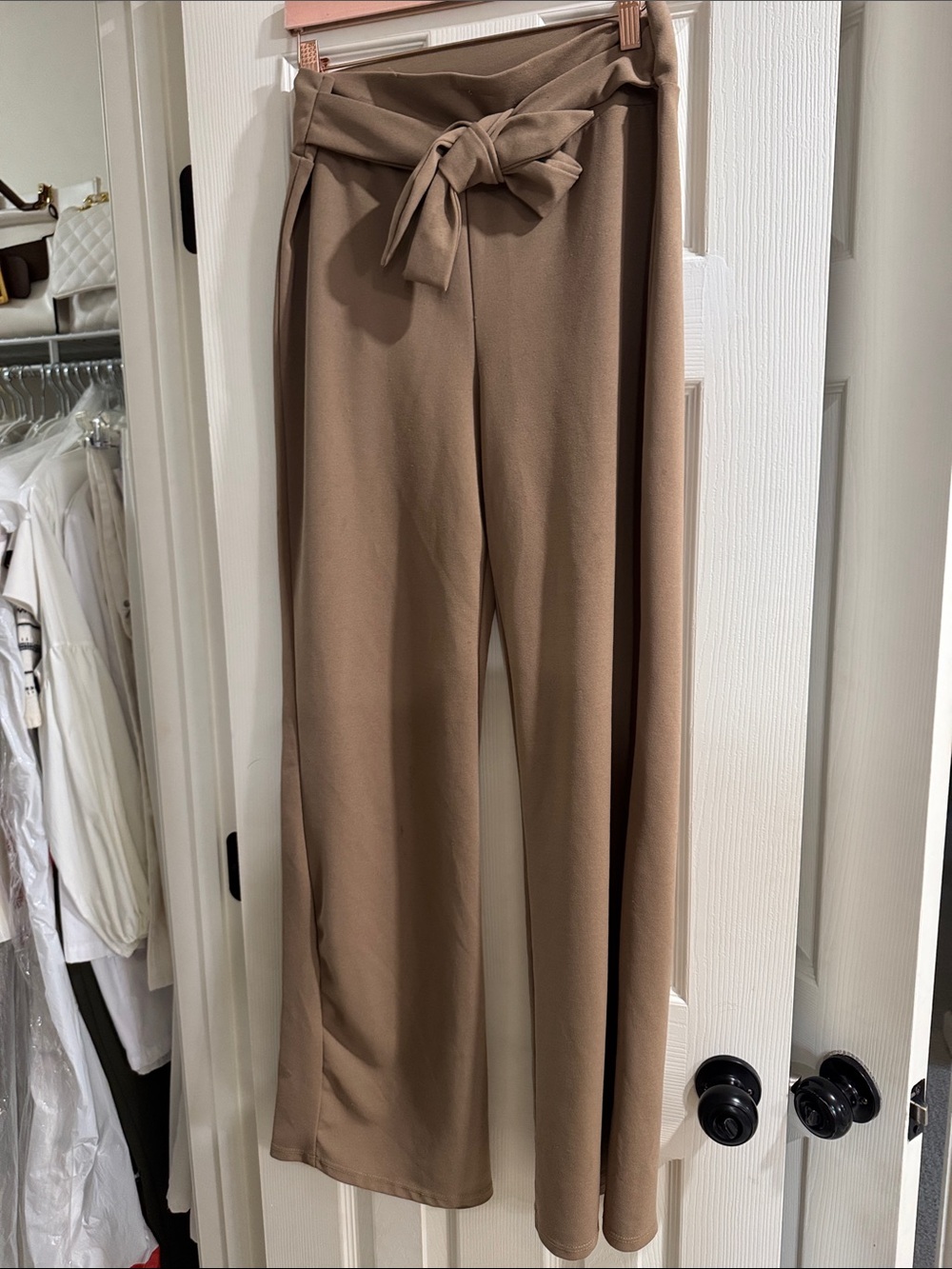 High-Waist Tie-Belt Wide-Leg Pants — light brown